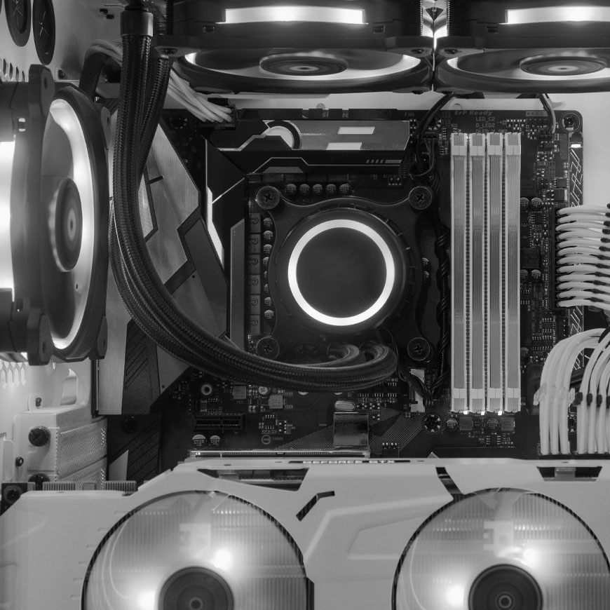 Gaming PC building and construction grayscale black and white